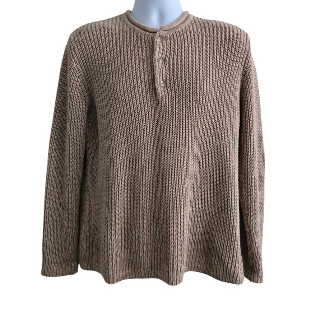 LL Bean Vintage Sweater Mens Size Medium Ribbed Knit Rolled Neck Tan Brown